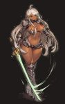  1girl armor armored_boots bangs bikini bikini_armor black_background boots breasts brown_eyes cleavage closed_mouth commentary dark_elf dark_skin earrings elf eyebrows_visible_through_hair full_body gauntlets gurimjang high_heel_boots high_heels highres holding holding_sword holding_weapon jewelry large_breasts lips long_hair looking_at_viewer navel original pointy_ears shiny shiny_hair shiny_skin shoulder_armor shoulder_pads sidelocks silver_hair solo standing stomach swimsuit sword thighs weapon 