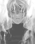  1boy armin_arlert black_bodysuit blonde_hair blue_eyes bodysuit facial_mark facial_scar greyscale highres looking_at_viewer male_focus monochrome paradis_military_uniform scar shingeki_no_kyojin short_hair smoke solo uniform vvv020vvv 