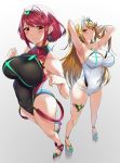  2girls armpits arms_behind_head arms_up bangs bare_shoulders blonde_hair blush breasts choker cleavage cleavage_cutout closed_mouth collarbone commentary_request covered_collarbone covered_navel earrings full_body gem gradient gradient_background headpiece highres hikari_(xenoblade_2) homura_(xenoblade_2) jewelry large_breasts lips long_hair looking_at_viewer multiple_girls red_eyes red_hair shiny shiny_hair short_hair standing strapless strapless_swimsuit swimsuit thigh_strap thighs tiara turtleneck xenoblade_(series) xenoblade_2 yellow_eyes yuuki_shin 
