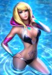  1girl adapted_costume blonde_hair blue_eyes breasts cleavage detached_sleeves gwen_stacy hairband highres hood hood_down in_water marvel michelle_hoefener navel solo spider-gwen spider-man_(series) spider_tattoo stomach stomach_tattoo swimsuit tagme tattoo water 