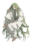  1other absurdres androgynous bangs barefoot cleavage_cutout collarbone commentary_request enkidu_(fate/strange_fake) fate/strange_fake fate_(series) full_body green_eyes green_hair hair_between_eyes highres jewelry leg_up long_hair long_sleeves looking_at_viewer necklace neckwear otoko_no_ko pants parted_lips robe shadow simple_background sitting solo very_long_hair white_background white_pants white_robe wide_sleeves zhibuji_loom 