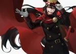  1girl adjusting_clothes adjusting_hat black_hair cape cowboy_shot fate/grand_order fate_(series) gloves hair_between_eyes hat long_hair looking_at_viewer oda_nobunaga_(fate) oda_nobunaga_(fate)_(all) peperon_(peperou) red_cape red_eyes smile solo sword very_long_hair weapon white_gloves 