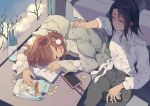  3girls bag_of_chips black_hair black_pants bottle cellphone chinese_commentary chips commentary_request digital_media_player earbuds earphones food ibex looking_at_another multiple_girls pants phone pom_pom_(clothes) saliva shirt sleeping sweater water_bottle white_shirt window 