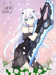  absurdres bare_shoulders black_dress black_heart blue_eyes dress flower girl_on_top grass highres long_hair looking_at_viewer neptune_(series) pink_flower pink_rose rose signature sitting smile sparkle spleeny sword symbol transformation weapon white_flower white_hair white_rose 