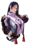  1girl armor bangs black_gloves blazpu bodysuit breasts elbow_gloves fate/grand_order fate_(series) fingerless_gloves gloves highres japanese_armor kote large_breasts long_hair looking_at_viewer minamoto_no_raikou_(fate/grand_order) parted_bangs purple_bodysuit purple_eyes purple_hair ribbed_sleeves rope simple_background smile tabard tassel very_long_hair white_background 