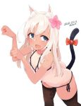  1girl alakoala animal_ear_fluff animal_ears bangs bare_arms bare_shoulders bikini black_legwear blue_eyes blush bow breasts brown_legwear cat_ears cat_girl cat_tail eyebrows_visible_through_hair fang flower hair_between_eyes hair_flower hair_ornament highres kantai_collection kemonomimi_mode long_hair looking_at_viewer one-piece_tan open_mouth paw_pose ribbon ro-500_(kantai_collection) side-tie_bikini simple_background small_breasts smile solo swimsuit symbol_commentary tail tail_bow tail_raised tan tanline thighhighs 