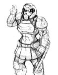  anthro armor bottomwear breasts canid canine clothing doom_eternal female headgear helmet hi_res hladilnik mammal monochrome peace_sign_(disambiguation) samantha_thott scar skirt smile solo weapon 