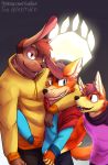  absurd_res anthro blue_eyes bottomwear brown_eyes canid canine clothed clothing dress_shirt eddy_hare fox grin group hand_around_neck hand_around_waist hand_holding hare hi_res hug incest_(lore) inner_ear_fluff lagomorph leporid male mammal open_mouth open_shirt pants purple_eyes rabbit_teeth raseme rauke shirt sibling smile snow sweater sweatshirt tank_top teeth thekinkybear topwear tuft twincest twins 