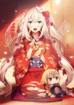  1girl blonde_hair blue_eyes character_doll fate/grand_order fate_(series) floral_print highres japanese_clothes jeanne_d&#039;arc_(fate) jeanne_d&#039;arc_(fate)_(all) kimono long_hair looking_at_viewer marie_antoinette_(fate/grand_order) no-kan open_mouth print_kimono red_kimono sash simple_background smile solo very_long_hair wide_sleeves 