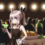  1girl ahoge bag bare_shoulders blush brown_dress cocktail cocktail_glass collarbone cup doritos dress drinking_glass evening_gown eyebrows_visible_through_hair flat_chest girls_frontline handbag high_ponytail highres lavender_hair looking_at_viewer m200_(girls_frontline) medium_hair mountain_dew purple_eyes serjatronic smile solo 