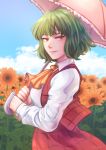  1girl ascot bangs blue_sky breasts cloud collared_shirt commentary_request cowboy_shot day eyebrows eyelashes field flower flower_field frilled_umbrella from_side garden_of_the_sun green_hair half-closed_eyes hands_up highres holding holding_umbrella kazami_yuuka large_breasts leaf lips long_skirt long_sleeves looking_away looking_to_the_side nose orange_eyes orange_flower outdoors parasol pink_lips plaid plaid_skirt plaid_vest plant realmokouze red_eyes red_skirt red_vest shirt short_hair signature skirt skirt_set sky smirk solo sunflower touhou tsurime umbrella vest watermark wavy_hair white_shirt wing_collar yellow_neckwear 