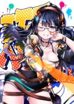  1girl absurdres airbrush black_hair blue_eyes bracelet breasts cleavage ear_piercing glasses graffiti granblue_fantasy grin highres illnott jewelry large_breasts long_hair paint_splatter piercing shorts signature smile wiping_face yoake 