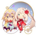  2girls alternate_costume blonde_hair blue_dress blue_ribbon braid chibi dress eyebrows_visible_through_hair fate/apocrypha fate/grand_order fate_(series) flower hair_flower hair_ornament japanese_clothes jeanne_d&#039;arc_(fate) jeanne_d&#039;arc_(fate)_(all) long_hair long_sleeves marie_antoinette_(fate/grand_order) multiple_girls no-kan one_eye_closed open_mouth puffy_sleeves purple_eyes red_flower red_rose ribbon rose sandals silver_hair smile 