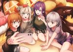  4girls absurdres ahoge bangs black_shirt blue_eyes blush breasts cellphone command_spell contemporary crab_on_head double_bun fate/grand_order fate_(series) floral_print fujimaru_ritsuka_(female) grey_shirt grey_shorts hair_between_eyes hair_ribbon highres kama_(fate/grand_order) large_breasts long_hair marie_antoinette_(fate/grand_order) marie_antoinette_(swimsuit_caster)_(fate) matou_sakura medium_breasts multiple_girls one_side_up open_mouth orange_eyes orange_hair parvati_(fate/grand_order) phone purple_eyes purple_hair purple_shirt purple_shorts red_eyes ribbon self_shot sh22 shirt short_hair short_shorts shorts sidelocks silver_hair smile striped striped_shorts thighs 