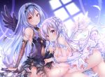  2girls aoba_chise aoba_project aoba_rena blue_hair blush dress feathers headband long_hair navel panties ponytail purple_eyes purple_hair red_eyes sakura_moyon underwear wings 