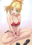  1girl barefoot bikini black_footwear blonde_hair bracelet breasts cleavage collarbone fate/grand_order fate_(series) front-tie_bikini front-tie_top full_body green_eyes indian_style jewelry long_hair looking_at_viewer medium_breasts mokyumokyuchan mordred_(fate)_(all) mordred_(swimsuit_rider)_(fate) open_mouth ponytail red_bikini round_teeth sandals_removed side-tie_bikini sitting smile solo string_bikini swimsuit teeth upper_teeth 