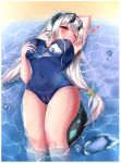  absurdres arm_up black_hairband black_horns breasts cameltoe covered_navel day epic7 hairband hand_on_breast highres horns large_breasts long_hair one_eye_closed outdoors red_eyes saberdesu school_swimsuit silver_hair swimsuit tail very_long_hair water yufine_(epic7) 