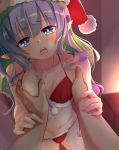  1girl ames aono_(f_i_s) bikini blurry blurry_background blush breast_hold breasts christmas collarbone commentary_request depth_of_field eyebrows_visible_through_hair green_hair hat highres indoors jewelry long_hair looking_at_viewer multicolored_hair navel nipples open_mouth panties pointy_ears princess_connect! princess_connect!_re:dive purple_hair red_bikini red_headwear red_panties saliva santa_bikini santa_hat small_breasts swimsuit two-tone_hair underwear 