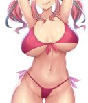  1girl :q alternate_costume armpits azur_lane bare_shoulders bikini blush breasts bremerton_(azur_lane) covered_nipples eyebrows_visible_through_hair front-tie_top grey_hair hair_ornament highres huge_breasts long_hair looking_at_viewer multicolored_hair navel pink_bikini pink_hair shiny shiny_skin side-tie_bikini simple_background solo streaked_hair swimsuit takuroo thighs tongue tongue_out twintails white_background 
