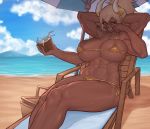  1girl abs absurdres adjusting_eyewear armpits arms_behind_head asura_(asurauser) beach beach_chair beach_umbrella bikini blush breasts bursting_breasts character_request cleavage coconut commentary commission dark_skin day demon_girl demon_horns drinking_straw english_commentary extra_arms gold_bikini gold_nails highres horn_ornament horns huge_breasts lips lipstick makeup micro_bikini mountainous_horizon muscle muscular_female navel nose nose_blush ocean original reclining sand side-tie_bikini skindentation solo spaghetti_strap strap_gap sunglasses sweat swimsuit thick_thighs thighs umbrella underboob yellow_eyes 