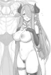  1boy 1girl asymmetrical_gloves blush breasts draph erection erection_under_clothes fingerless_gloves gloves go-m granblue_fantasy greyscale hair_over_one_eye hands_on_own_chest highres horns large_breasts long_hair looking_at_viewer low_tied_hair monochrome muscle narmaya_(granblue_fantasy) navel nipples open_clothes open_mouth open_vest pointy_ears pubic_hair simple_background smile vest white_background 