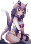  1girl animal_ears bare_arms bare_shoulders black_hair black_legwear breasts cat_ears cat_girl cat_tail gold_trim green_eyes hanato_(seonoaiko) highres karyl_(princess_connect!) long_hair looking_at_viewer low_twintails medium_breasts multicolored_hair neck_ribbon no_pants no_shoes open_mouth panties princess_connect! princess_connect!_re:dive purple_panties ribbon shirt simple_background sitting sleeveless sleeveless_shirt solo streaked_hair tail tail_raised thighhighs thighs twintails underwear very_long_hair wariza white_background 