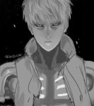 1boy black_background black_sclera blonde_hair cracked cracked_skin cyborg earrings genos greyscale highres hood hoodie jewelry looking_at_viewer male_focus mechanical mechanical_arm monochrome one-punch_man robot short_hair solo vest vvv020vvv yellow_eyes 