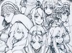  6+girls aosa_(momikin) ark_royal_(kantai_collection) bangs beret crown eyebrows_visible_through_hair feathers glasses greyscale hair_between_eyes hat headdress headgear intrepid_(kantai_collection) iowa_(kantai_collection) kantai_collection littorio_(kantai_collection) long_hair mini_crown mole mole_under_eye monochrome multiple_girls nelson_(kantai_collection) open_mouth pince-nez richelieu_(kantai_collection) roma_(kantai_collection) short_hair simple_background smile sparkle star star-shaped_pupils symbol-shaped_pupils tiara traditional_media warspite_(kantai_collection) 