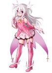  1girl absurdres boots cape fate/grand_order fate/kaleid_liner_prisma_illya fate_(series) feathers flat_chest gloves hair_feathers highres illyasviel_von_einzbern long_hair looking_at_viewer magical_girl nagai_wataru pink_feathers pink_footwear pink_gloves pink_legwear pink_sleeves prisma_illya red_eyes smile solo thigh_boots thighhighs white_hair 