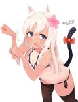  1girl alakoala animal_ear_fluff animal_ears ass bangs bare_arms bare_shoulders bikini black_legwear blue_eyes blush bow breasts brown_legwear cat_ears cat_girl cat_tail eyebrows_visible_through_hair fang flower hair_between_eyes hair_flower hair_ornament highres kantai_collection kemonomimi_mode long_hair looking_at_viewer one-piece_tan open_mouth paw_pose ribbon ro-500_(kantai_collection) side-tie_bikini simple_background small_breasts smile solo swimsuit tail tail_bow tail_raised tan tanline thighhighs 