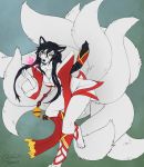  2020 ahri_(lol) anthro bent_over blokfort braided_hair breasts canid canine clothing dress female fox fur hair league_of_legends mammal marble_fox multi_tail red_fox riot_games solo video_games white_body white_fur 