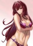  1girl alternate_costume arm_under_breasts bikini blush breasts fate/grand_order fate_(series) frown gradient gradient_background hair_intakes highres large_breasts looking_at_viewer pink_bikini purple_bikini purple_hair red_eyes scathach_(fate)_(all) scathach_(swimsuit_assassin)_(fate) solo swimsuit yahan_(mctr5253) 