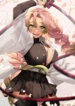  1girl :d absurdres arm_up belt belt_buckle black_jacket black_legwear black_skirt blush braid breasts buckle cleavage cowboy_shot eyebrows_visible_through_hair gradient_hair green_eyes green_hair haori highres holding holding_weapon holding_whip jacket japanese_clothes kanroji_mitsuri kimetsu_no_yaiba large_breasts long_sleeves looking_at_viewer miniskirt mole mole_under_eye multicolored_hair no-kan no_bra open_clothes open_jacket open_mouth open_shirt petals pink_hair pleated_skirt shirt skirt smile solo teeth thighhighs twin_braids unbuttoned weapon whip white_shirt zettai_ryouiki 