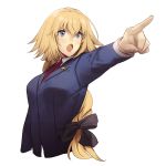  1girl blonde_hair blue_eyes blue_suit cosplay fate/grand_order fate_(series) formal gyakuten_saiban highres jeanne_d&#039;arc_(fate) jeanne_d&#039;arc_(fate)_(all) naruhodou_ryuuichi naruhodou_ryuuichi_(cosplay) no-kan open_mouth pointing simple_background solo suit upper_body white_background 