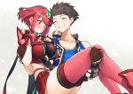  1boy 1girl absurdres baffu bangs blue_skirt blue_vest blush breasts brown_gloves brown_hair carrying closed_eyes couple earrings eyebrows_visible_through_hair fingerless_gloves flustered gloves grin hetero highres homura_(xenoblade_2) jewelry large_breasts princess_carry red_eyes red_hair red_legwear red_shorts rex_(xenoblade_2) short_shorts shorts simple_background skirt smile spiked_hair swept_bangs thighhighs thighs tiara vest xenoblade_(series) xenoblade_2 