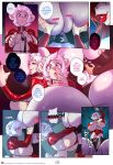  anthro benji big_breasts boosterpang breasts clothing collar comic dialogue duo herm hi_res huge_breasts hyper hyper_breasts intersex intersex/intersex jamie_(boosterpang) leash lips nipples speech_bubble thick_lips undressing 