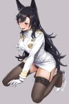  1girl aiguillette animal_ears arm_support artist_name atago_(azur_lane) azur_lane bangs black_hair black_legwear black_panties blush breasts brown_eyes commentary_request cuboon extra_ears full_body garter_straps gloves grey_background hand_on_own_chest high_heels kneeling lips long_hair long_sleeves medium_breasts military military_uniform miniskirt mole mole_under_eye open_mouth panties shiny shiny_hair signature simple_background skirt smile solo thighhighs underwear uniform white_footwear white_gloves white_skirt 