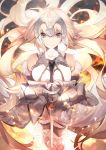  1girl blonde_hair blue_eyes breasts chain fate/apocrypha fate/grand_order fate_(series) flower gauntlets headgear highres holding holding_sword holding_weapon jeanne_d&#039;arc_(fate) jeanne_d&#039;arc_(fate)_(all) long_hair looking_at_viewer no-kan smile sword very_long_hair weapon white_flower 