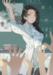  1girl :o arms_up black_hair blue_eyes chalk chalkboard child classroom cravat day eraser hair_bobbles hair_ornament hands_up highres ibex long_hair picture_(object) very_long_hair white_neckwear 