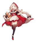  1girl black_bow black_legwear blue_eyes bottle bow braid bread dress fate/grand_order fate_(series) food full_body grey_hair heroic_spirit_festival_outfit highres little_red_riding_hood long_hair looking_at_viewer marie_antoinette_(fate/grand_order) no-kan red_dress red_footwear red_skirt simple_background single_braid skirt standing standing_on_one_leg thighhighs white_background wine_bottle 