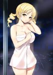  1girl bangs blonde_hair blush breasts city cityscape cleavage drill_hair highres indoors jiji large_breasts long_hair mahou_shoujo_madoka_magica naked_towel night smile solo tomoe_mami towel twin_drills twintails window yellow_eyes 
