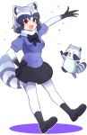  1girl absurdres animal_ears black_gloves black_legwear black_neckwear black_skirt blue_hair blue_sweater bow bowtie commentary_request common_raccoon_(kemono_friends) elbow_gloves extra_ears eyebrows_visible_through_hair fang fur_collar gloves gradient_gloves grey_hair hand_on_hip highres kemono_friends multicolored_hair ono_saki open_mouth pantyhose pink_eyes pleated_skirt puffy_short_sleeves puffy_sleeves raccoon raccoon_ears raccoon_girl raccoon_tail short_hair short_sleeves skirt socks solo sweater tail takosuke0624 white_fur white_gloves white_hair white_legwear 