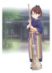  1girl alternate_costume blue_kimono broom brown_eyes brown_hair full_body house japanese_clothes kantai_collection kimono looking_at_viewer matsutani multicolored multicolored_clothes obi ponytail sash shikinami_(kantai_collection) solo standing tasuki 