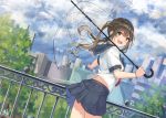  1girl bangs blue_skirt bracelet brown_hair building cloud cloudy_sky dutch_angle eyebrows_visible_through_hair hair_blowing hair_ribbon holding holding_umbrella jewelry looking_at_viewer miko_fly open_mouth original outdoors pleated_skirt railing ribbon sailor_collar school_uniform serafuku shirt signature skirt sky skyline smile solo tree twintails umbrella uniform upper_teeth white_shirt yellow_eyes 