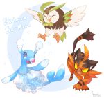  :d ^_^ aonik bird blue_eyes brionne claws closed_eyes commentary copyright_name creature dartrix english_commentary eyelashes flying full_body gen_7_pokemon highres no_humans open_mouth pokemon pokemon_(creature) signature simple_background smile starter_pokemon starter_pokemon_trio torracat white_background yellow_eyes 
