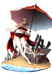  1girl arknights bangs barefoot beach bikini black_bikini blunt_bangs bn-227@pft bottle box breasts cleavage highres looking_at_viewer parasol scarf silver_hair smile solo swimsuit umbrella w_(arknights) yellow_eyes 