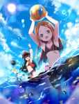  1boy 2girls armpits arms_up ball bangs bare_shoulders beachball bikini black_bikini black_hair black_headwear blue_sky blush breasts brown_hair camera chacha_(fate/grand_order) cleavage closed_eyes collarbone family_crest fate/grand_order fate_(series) fiery_hair forehead grey_eyes hairband hat jacket kodamari koha-ace large_breasts lens_flare letterman_jacket long_hair looking_at_viewer multiple_girls navel ocean oda_nobukatsu_(fate/grand_order) oda_nobunaga_(fate)_(all) oda_nobunaga_(swimsuit_berserker)_(fate) oda_uri open_clothes open_jacket open_mouth parted_bangs peaked_cap sarong sky small_breasts smile sun sunlight swimsuit wading 