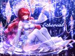  1girl absurdres bangs been blue_nails boots breasts breasts_apart choker cleavage detached_sleeves elesis_(elsword) elsword eyebrows_visible_through_hair full_body hair_between_eyes highres long_hair long_sleeves medium_breasts nail_polish open_mouth panties red_eyes red_hair shiny shiny_hair sitting solo sparkle swept_bangs thigh_boots thighhighs underwear very_long_hair white_footwear white_panties white_sleeves 