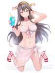  1girl bikini black_hair breasts brown_eyes cleavage collarbone commentary_request drink full_body haruna_(kantai_collection) kantai_collection kasumi_(skchkko) kneeling long_hair looking_at_viewer medium_breasts open_toe_shoes red_footwear sarong simple_background solo swimsuit white_background white_bikini white_sarong 