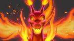  charizard commentary_request face fire gen_1_pokemon gigantamax gigantamax_charizard grey_background highres horns k_macchina looking_at_viewer pokemon simple_background solo yellow_eyes 